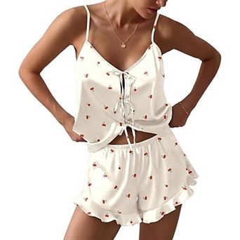 Ekouaer Womens Bow Tie Front Silk Pajamas Sets Cami Lingerie Pjs Ruffle Sleepwear
