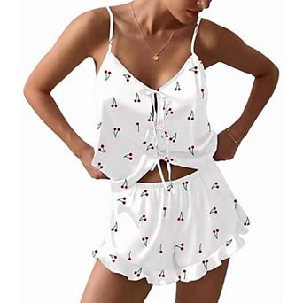 Ekouaer Womens Bow Tie Front Silk Pajamas Sets Cami Lingerie Pjs Ruffle Sleepwear