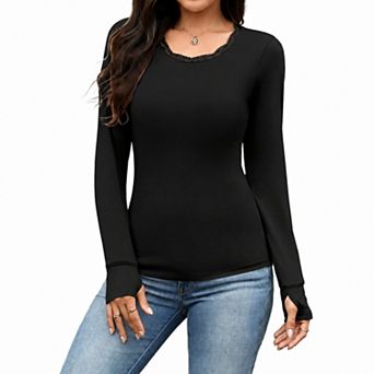 Ekouaer Womens Thermal Underwear Top Lace Trim Long Sleeve Lightweight Base Layer Shirt