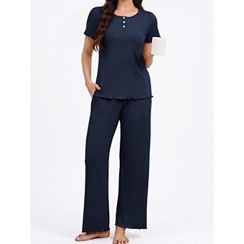 Ekouaer Womens Two Piece Ribbed Henley Pajama Set Soft Ruffle Trim Long Pants Loungewear