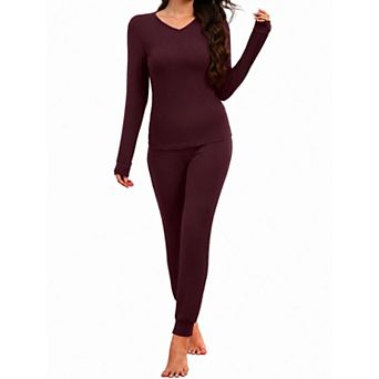 Ekouaer Women's Thermal Underwear Set V-Neck Long Sleeve Top and Pants 2 pc Base Layer