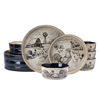 Pfaltzgraff 12 pc Farmyard Rooster Dinnerware Set