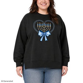 Plus Size Coquette Hanukkah Menorah Heart & Bow Oversized Fleece Crew Sweatshirt