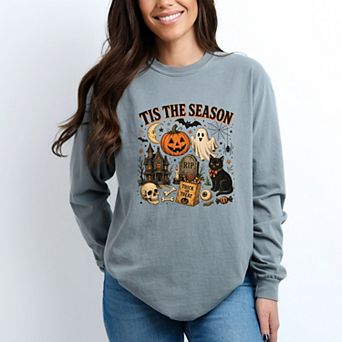 Tis The Season Haloween Collage - Women's Garment Dyed Long Sleeve Graphic T-Shirt