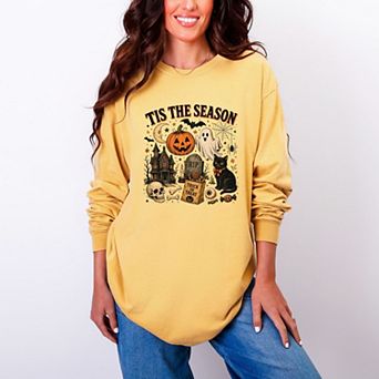Tis The Season Haloween Collage - Women's Garment Dyed Long Sleeve Graphic T-Shirt