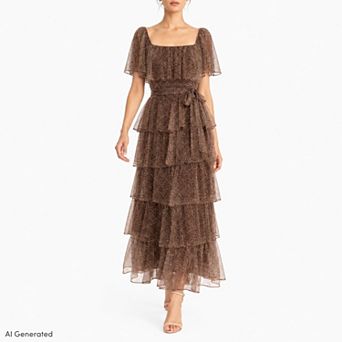 Women's Maison Tara Metallic Tiered Square-Neck Flutter Sleeve Maxi Dress
