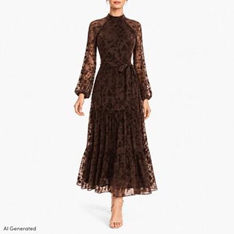 Women's Maison Tara Velvet Burnout Long Sleeve Mock Neck Belted Tiered Maxi Dress