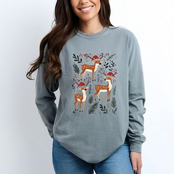 Christmas Deer and Foliage - Women's Garment Dyed Long Sleeve Graphic T-Shirt