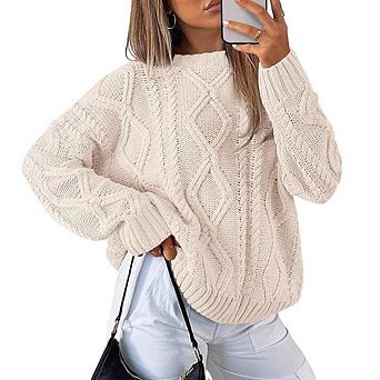 Women Crew Neck Aran Cable Knit Sweater Long Sleeve Oversized Chunky Pullover Top