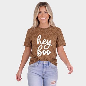 Hey Boo Cursive Puff Print - Women's Leopard Print Tee