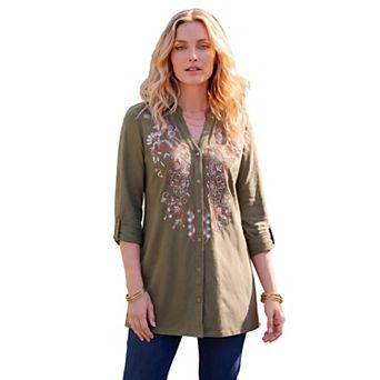Roaman's Women's Plus Size Y-Neck Roll-Tab Sleeve Embroidered Tunic