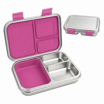 Stainless Steel 3 Compartment Leakproof Bento Lunch Box with Silicone Lid, Dishwasher Safe