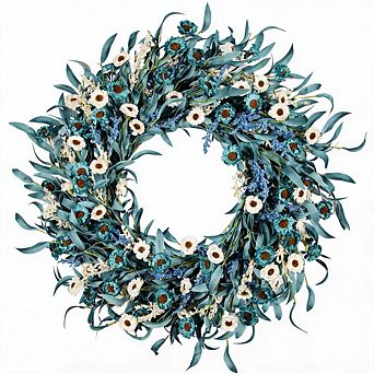 24" Blue Daisy Eucalyptus Wreath Spring Summer Front Door Farmhouse Porch Decor