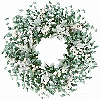 22" Boxwood Wreath with Lambs Ear White Berries, Spring Summer Front Door Farmhouse Wreath