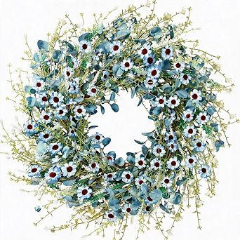 24" Blue Daisy Wreath with Eucalyptus Lavender, Artificial Floral Wreath