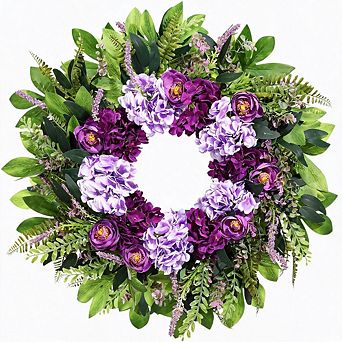 24" Purple Hydrangea Ranunculus Wreath, All‑Season Floral Wreath