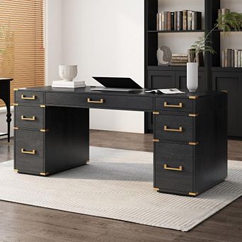 GDFStudio 70" Executive Desk with USB Ports, 7 Drawers & Metal Edge Trim
