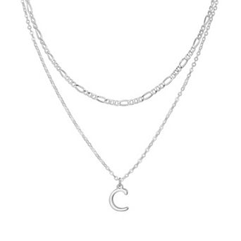 14K Silver Plated Monogram Initial Pendant Figaro Chain Necklace Gift for Her