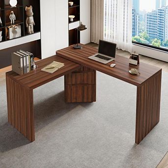 GDFStudio 90" L-Shaped Rotating Desk with 3 Drawers & 360° Swivel