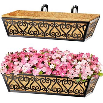 2 Pack 24 Inch Metal Deck Railing Planter Box with Coco Liners Adjustable Brackets Black