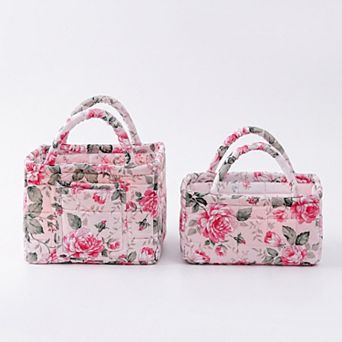 2 pc Quilted Floral Storage Tote Set with Handles and Front Pocket