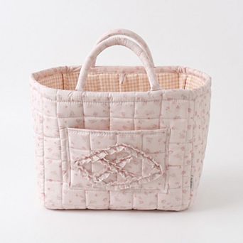 Floral Quilted Fabric Storage Tote with Handles and Pocket