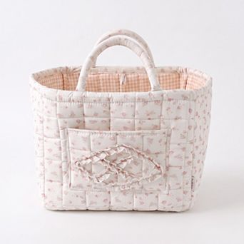 Floral Quilted Fabric Storage Tote with Handles and Pocket