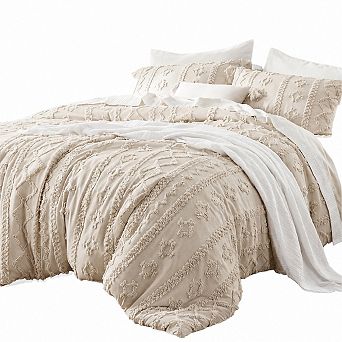 Tufted Boho Comforter Set Oversized King Beige 3 pc Embroidered Bedding 120 x 98