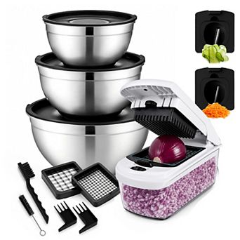 3 pc Stainless Steel Mixing Bowls with Lids and 4‑in‑1 Vegetable Chopper Spiralizer Meal Prep Set