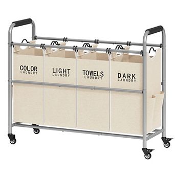 4 Bag Laundry Sorter Cart 4 Section Hamper Heavy Duty Lockable Rolling Wheels Removable Oxford Bags