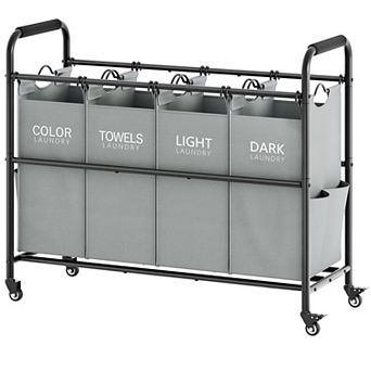 4 Bag Laundry Sorter Cart 4 Section Hamper Heavy Duty Lockable Rolling Wheels Removable Oxford Bags