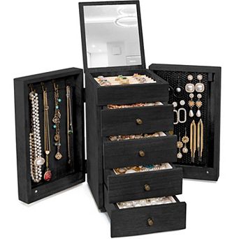 Vintage Solid Wood Jewelry Organizer with Mirror 4 Drawers Large Capacity Storage