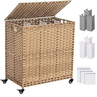 190L Rolling Laundry Hamper 3 Section Handwoven Rattan With Removable Liners Mesh Bags