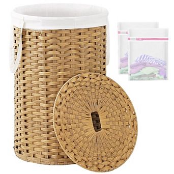 Round Wicker Handwoven Laundry Hamper With Lid Removable Lining Bag Handles