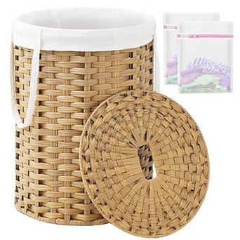 Round Wicker Handwoven Laundry Hamper With Lid Removable Liner Handles