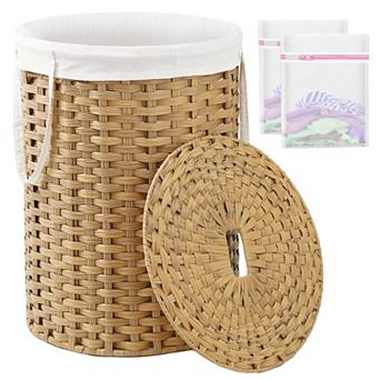 Round Wicker Handwoven Laundry Hamper With Lid Removable Liner Mesh Bags Handles