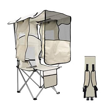 Folding Beach Camping Chair With Shade Cup Holder Cooler Bag 330lbs Weight Capacity
