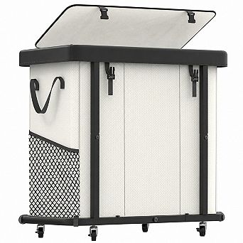 Rolling Leather Patchwork Laundry Hamper Sturdy Metal Frame Removable Washable Bag
