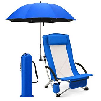 Folding Low Beach Chair W/ Detachable Umbrella, Cup Holder & Carry Bag for Outdoor Camping Picnics