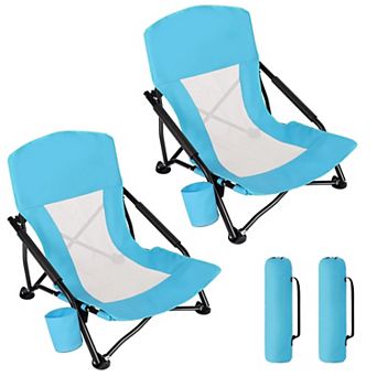 2 Pack Low Folding Beach Chair Heavy Duty Outdoor Camping Travel With Cup Holder Carry Bag