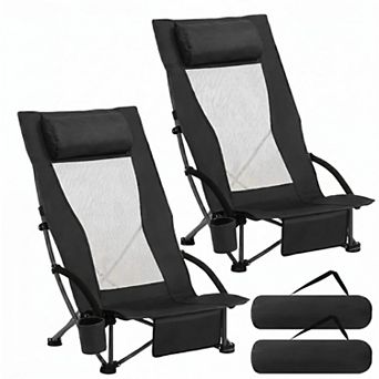 2 Pack Folding Beach Chair Portable Heavy Duty With Cup Holder Carry Bag For Camping Picnic