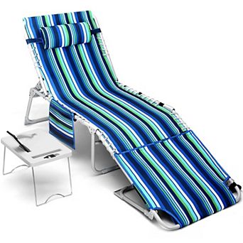 3 in 1 Folding Beach Lounge Chair 5 Position Recliner with Side Table Max 330lbs