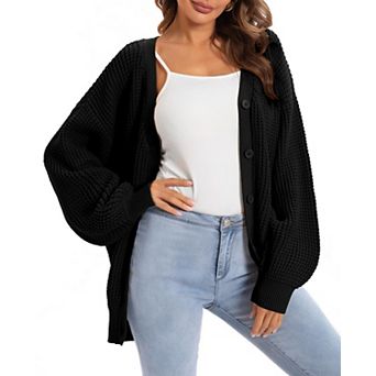 Women's Oversized Cotton Knit Cardigan Long Sleeve V Neck Open Front Outerwear