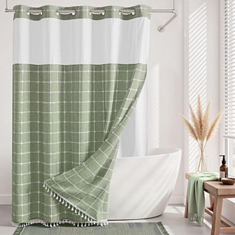 Farmhouse Tassel Stripe Shower Curtain Set Snap In Liner No Hooks Needed Sheer Window Rustic Decor