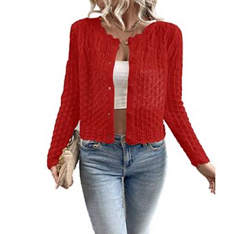 Women Crewneck Cropped Long Sleeve Button Front Knit Cardigan Fall Tops