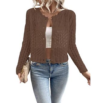 Women Crewneck Cropped Long Sleeve Button Front Knit Cardigan Fall Tops