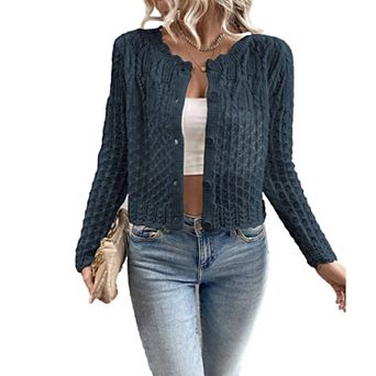 Women Crewneck Cropped Long Sleeve Button Front Knit Cardigan Fall Tops