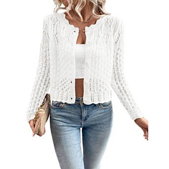 Women Crewneck Cropped Long Sleeve Button Front Knit Cardigan Fall Tops