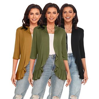 Women Open Front Draped Ruffle Asymmetrical Hem Shawl Collar Loose Fit Lightweight Layered Sweater