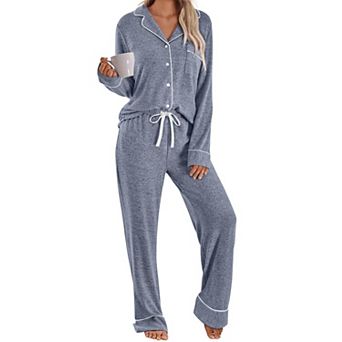 Womens 2 pc Long Sleeve Pajama Set Soft Button Down Top Drawstring Pants With Pockets